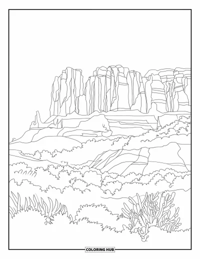 Coloriage d'Arizona pour adultes : Cathedral Rock se dresse avec ses falaises et sa végétation désertique