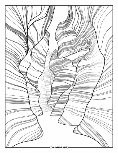 Coloriage d'Arizona pour adultes : Les parois courbes de l'Antelope Canyon avec des faisceaux lumineux qui tombent d'en haut