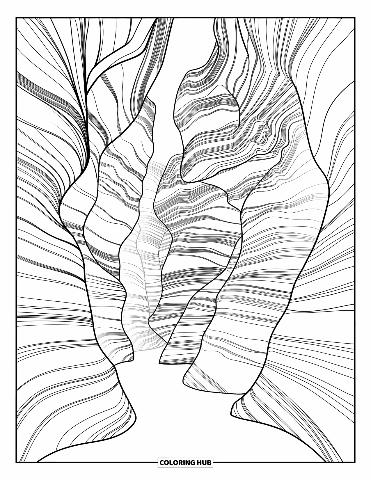 Arizona Coloring Page for Adults: Curved sandstone walls of Antelope Canyon with light beams above