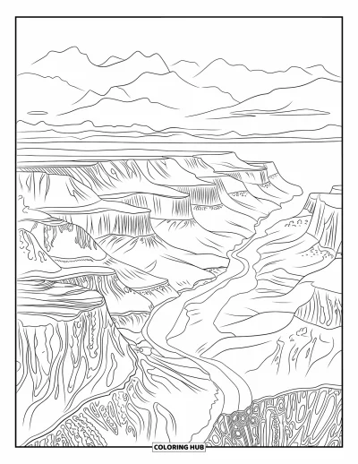 Coloriage d'Arizona pour adultes : Les falaises en couches du Grand Canyon s'étendent au-dessus du fleuve Colorado