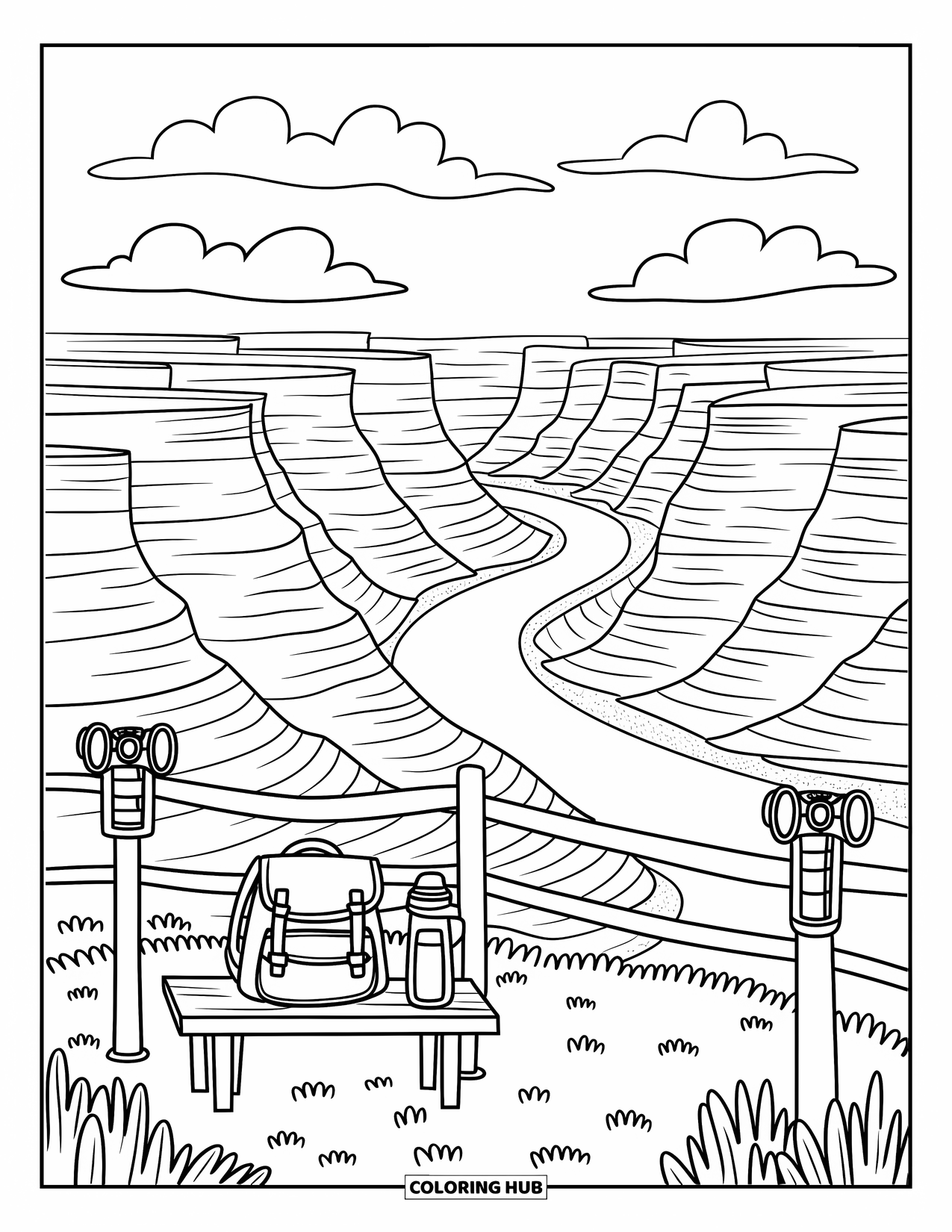 Arizona Coloring Page for Adults: Layered cliffs with a distant river and a cozy scenic bench