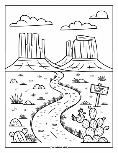Coloriage d'Arizona pour adultes : De majestueuses buttes et mesas avec un sentier indiqué Scenic Route