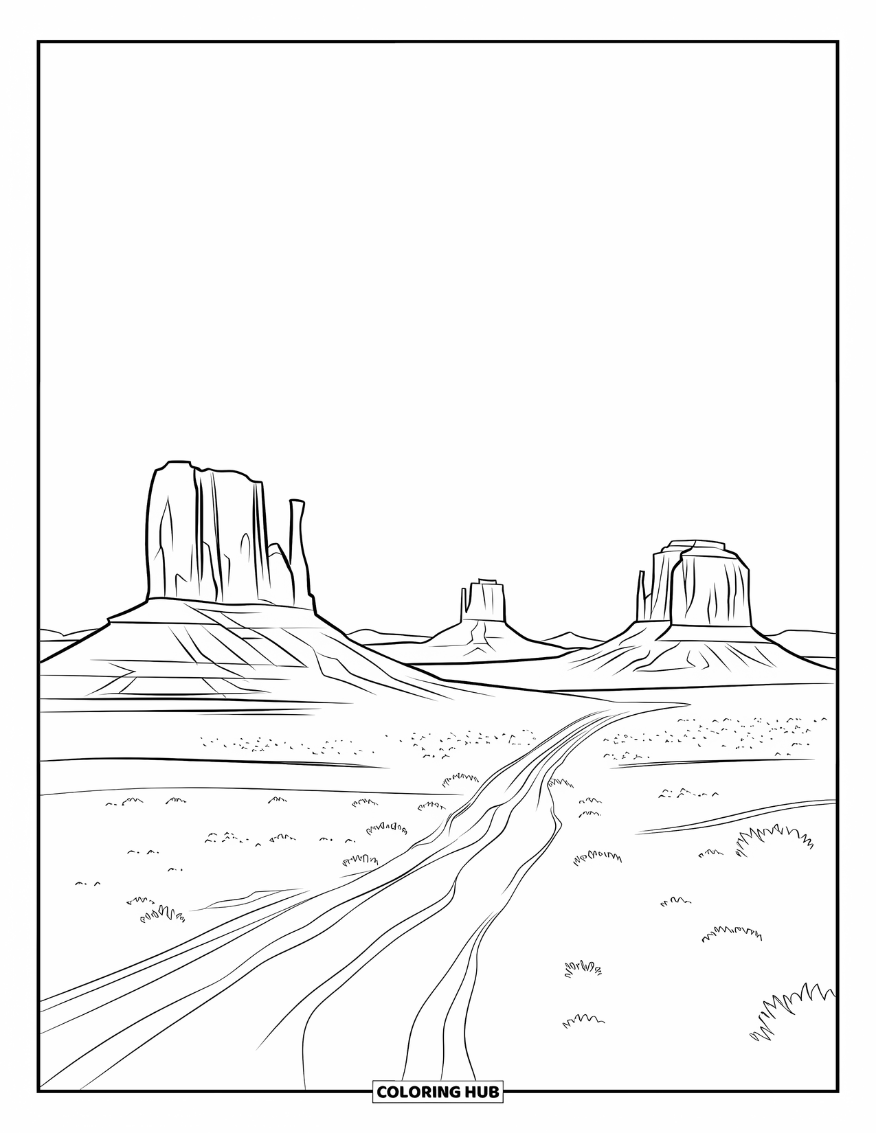 Arizona Coloring Page for Adults: Monument Valley's towering buttes stand on desert plains