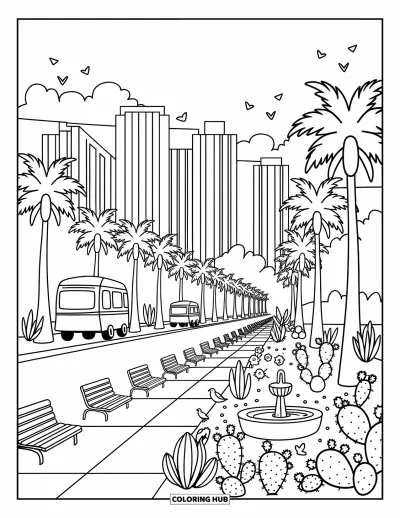 Coloriage d'Arizona pour adultes : Les rues de Phoenix bordées de palmiers avec des jardinières désertiques et des oiseaux en vol