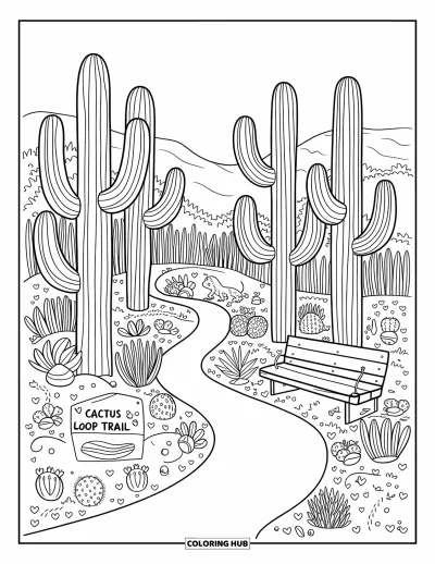Coloriage d'Arizona pour adultes : Des saguaros avec des fleurs du désert et des oiseaux le long du Cactus Loop Trail
