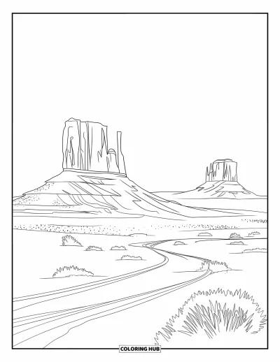Coloriage d'Arizona pour adultes : Les buttes de grès de Monument Valley s'élèvent au-dessus des pistes poussiéreuses