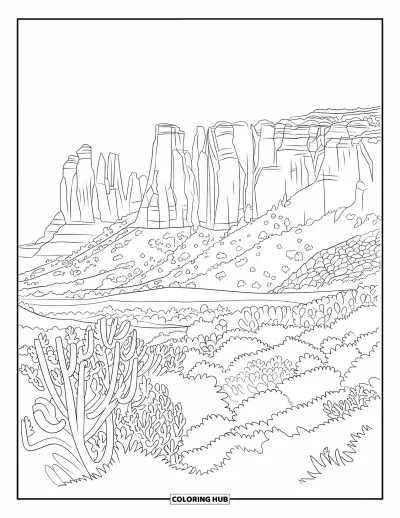 Coloriage d'Arizona pour adultes : Cathedral Rock à Sedona domine la végétation désertique