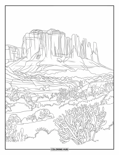 Coloriage d'Arizona pour adultes : Les falaises rouges de Sedona s'élèvent au-dessus des plantes du désert