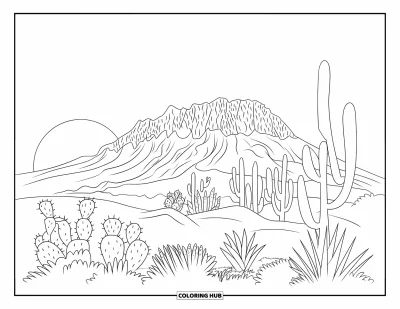 Coloriage d'Arizona pour adultes : Camelback Mountain ensoleillée avec des figuiers de Barbarie et de l'agave en contrebas