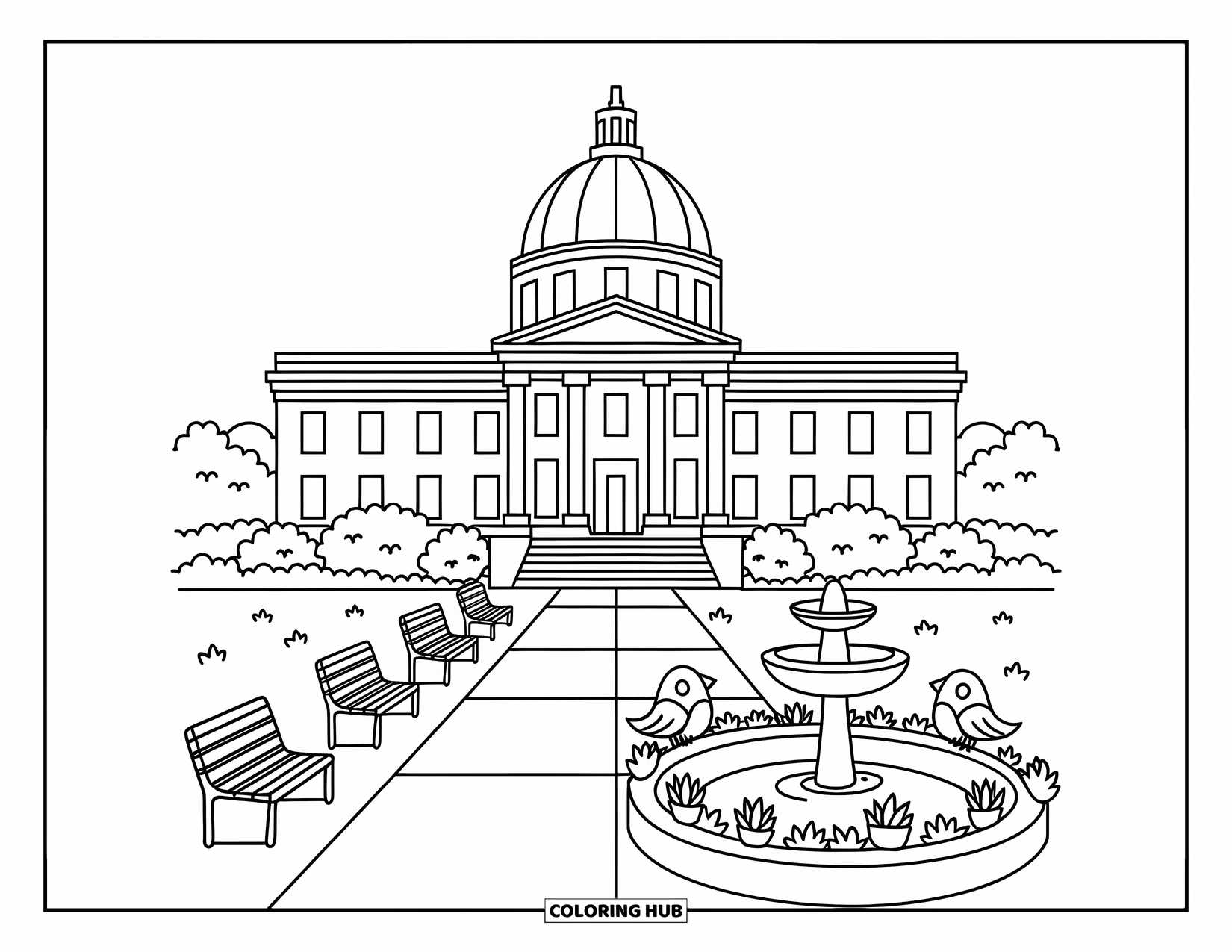 Arizona Coloring Page for Adults: The Arizona State Capitol with succulents, benches, and a bubbling fountain