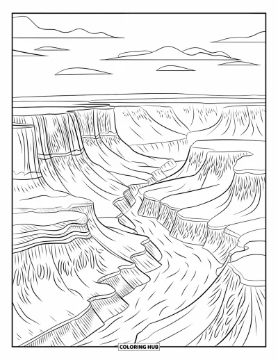 Coloriage d'Arizona pour adultes : Le bord sud du Grand Canyon avec des falaises en couches et la rivière en contrebas