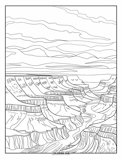 Coloriage d'Arizona pour adultes : Le bord sud du Grand Canyon avec ses imposantes couches rocheuses