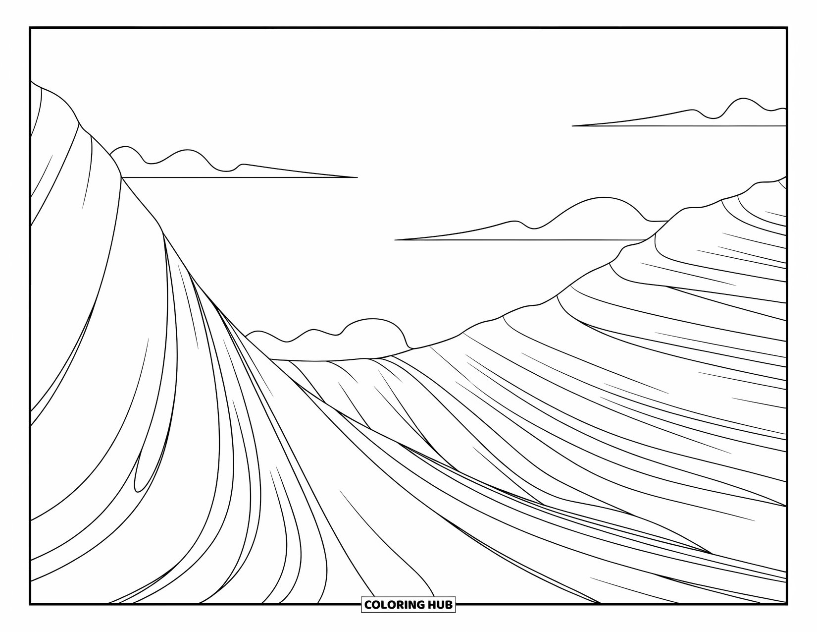 Arizona Coloring Page for Adults: The Wave's curved sandstone lines stretch under a clear sky