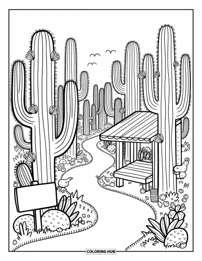 Coloriage d'Arizona pour adultes : De grands cactus le long d'un sentier sinueux avec un banc ombragé
