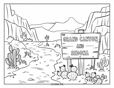 Coloriage d'Arizona pour enfants : Un sentier bordé de cactus avec un panneau rustique vers des sites célèbres