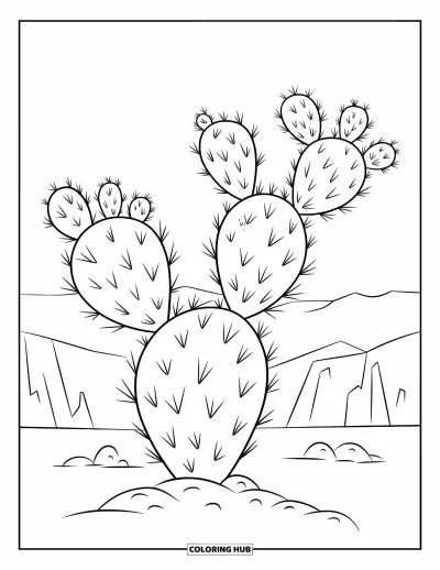 Coloriage d'Arizona pour enfants : Un cactus à trois palettes pousse sur un sol rocheux désertique
