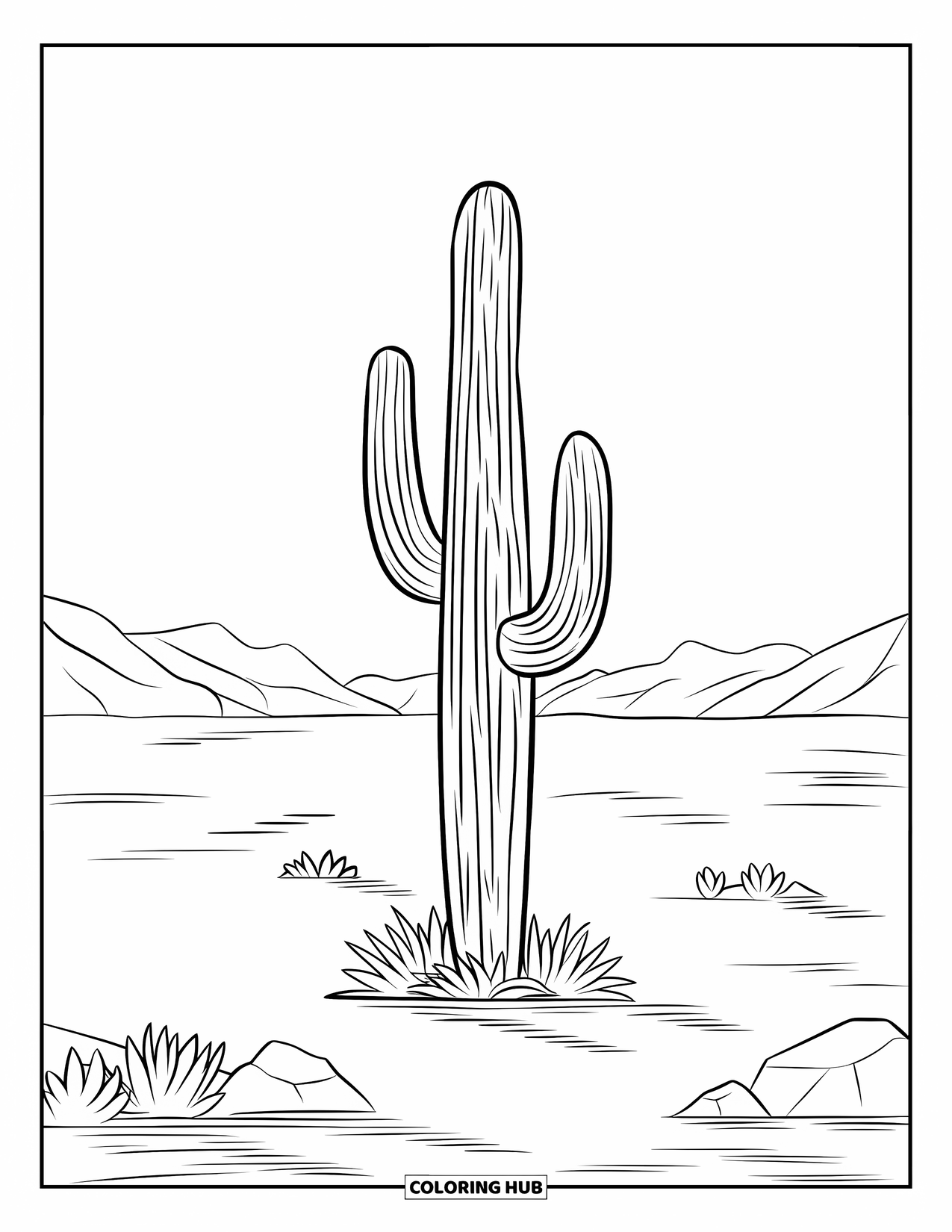 Arizona Coloring Page for Kids: A cactus with two arms rises in an open desert