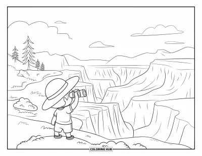 Coloriage d'Arizona pour enfants : Un enfant chibi en chapeau de soleil regarde le Grand Canyon