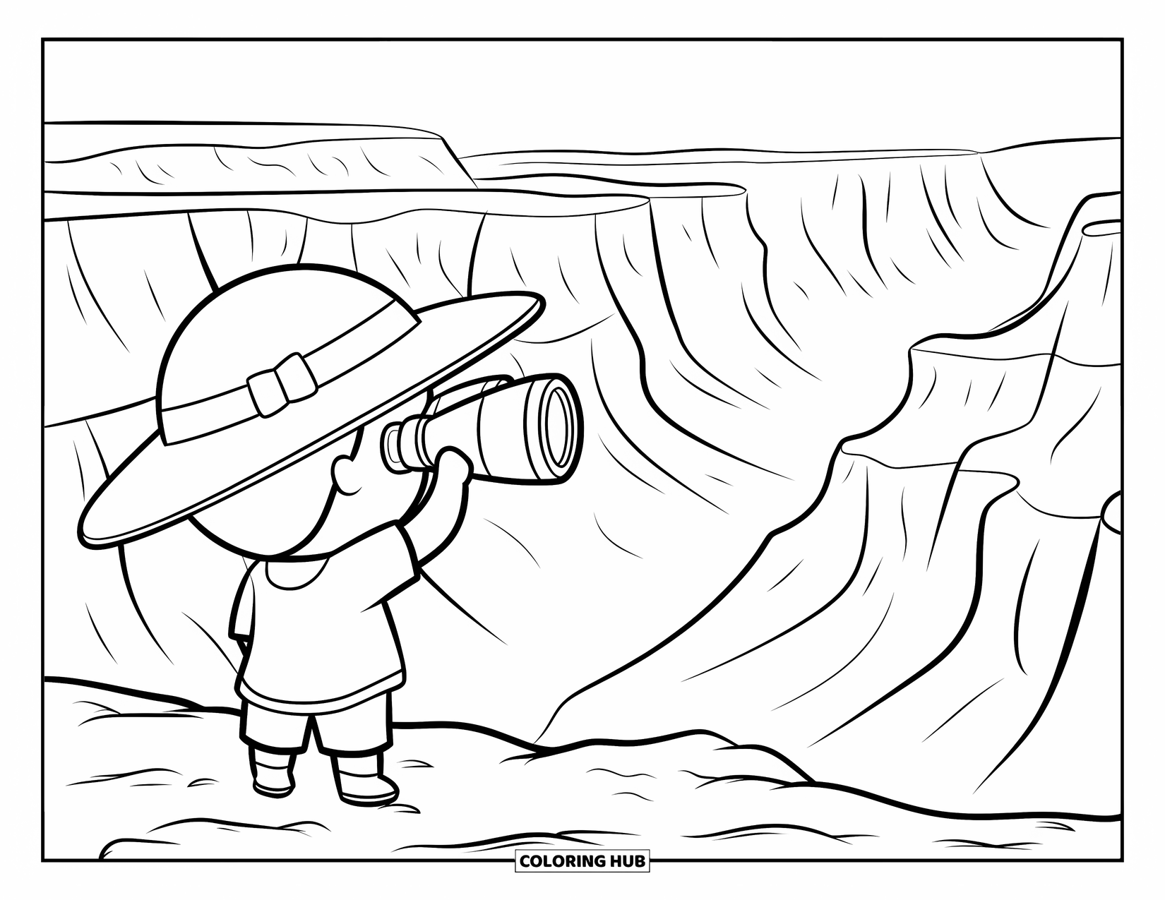 Arizona Coloring Page for Kids: A chibi child peers through binoculars at the canyon view