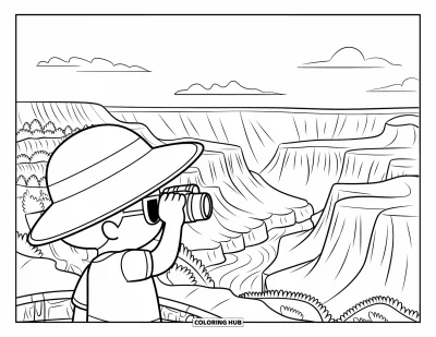 Coloriage d'Arizona pour enfants : Un enfant en lunettes de soleil utilise des jumelles au Grand Canyon