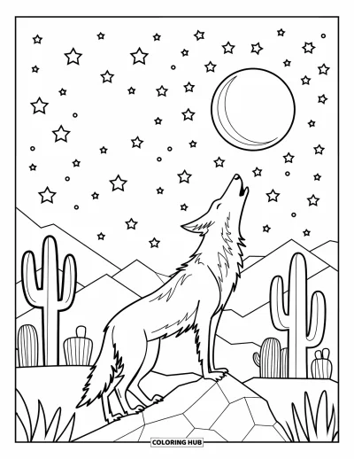 Coloriage d'Arizona pour enfants : Un coyote hurle à la lune sous un ciel désertique étoilé