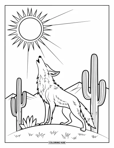 Coloriage d'Arizona pour enfants : Un coyote hurle à la lune avec des cactus à proximité