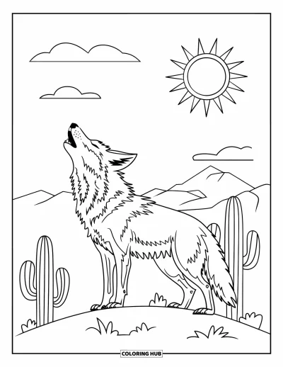 Coloriage d'Arizona pour enfants : Un coyote hurle sur une colline sous le soleil du désert