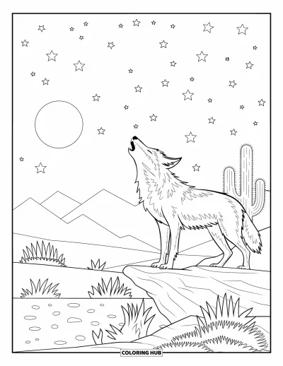 Coloriage d'Arizona pour enfants : Un coyote hurle sur un terrain rocheux sous un ciel étoilé