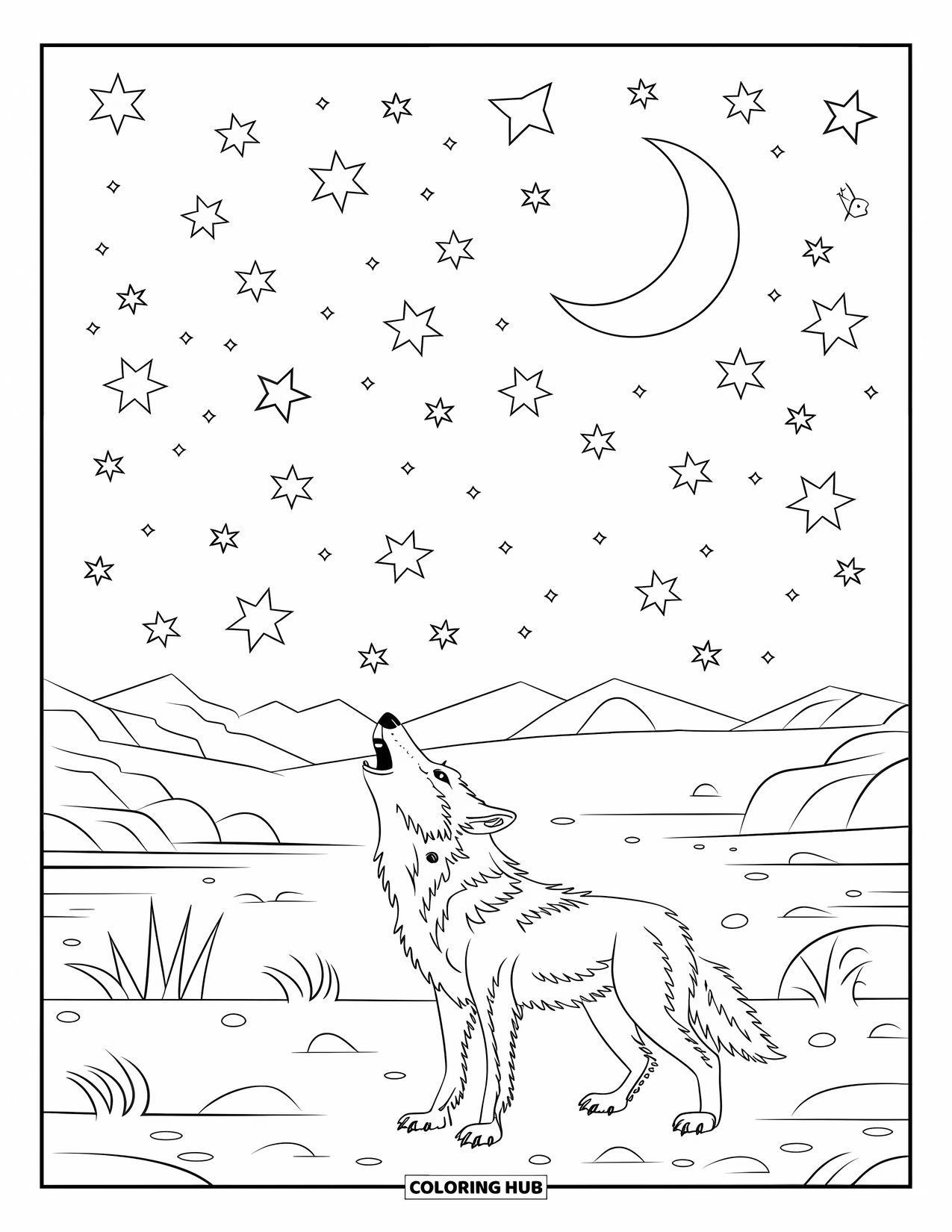 Arizona Coloring Page for Kids: A desert coyote howls under stars and a crescent moon