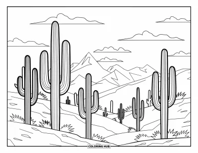 Coloriage d'Arizona pour enfants : Une forêt de saguaros sous un ciel nuageux