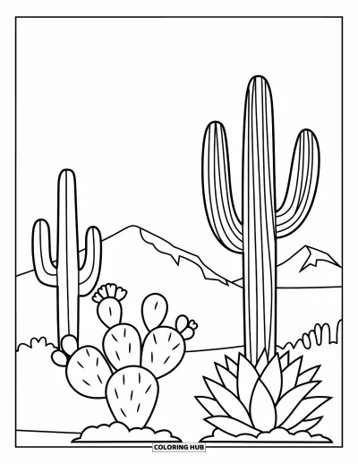 Coloriage d'Arizona pour enfants : Un paysage désertique avec trois variétés de cactus et des montagnes