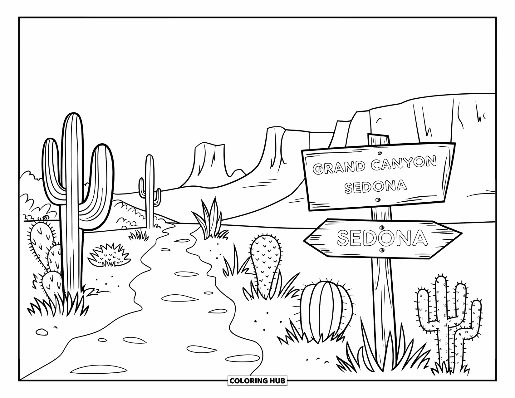 Arizona Coloring Page for Kids: A desert path with a weathered wooden sign and distant peaks