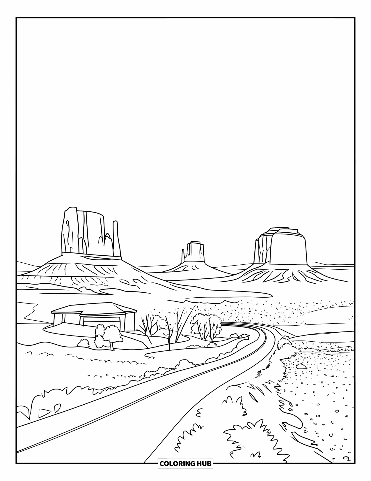 Arizona Coloring Page for Kids: A desert road stretches through Monument Valley's towering buttes