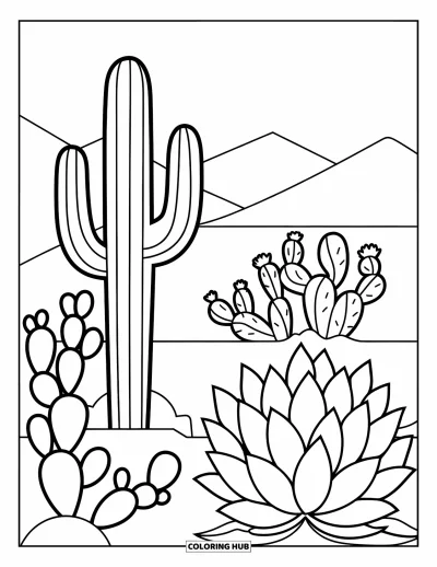 Coloriage d'Arizona pour enfants : Une scène désertique avec saguaro, figuier de Barbarie et agave en fleurs