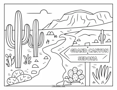 Coloriage d'Arizona pour enfants : Un sentier désertique avec un panneau indiquant le Grand Canyon et Sedona