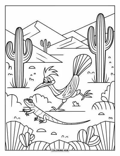 Coloriage d'Arizona pour enfants : Une scène animée d'un roadrunner poursuivant un lézard