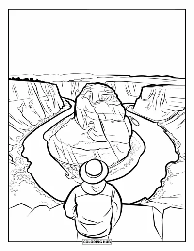 Coloriage d'Arizona pour enfants : Un personnage contemple Horseshoe Bend avec la rivière et les mesas en contrebas
