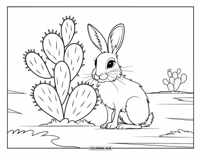 Coloriage d'Arizona pour enfants : Un lapin aux grandes oreilles et aux grands yeux assis près d'un cactus