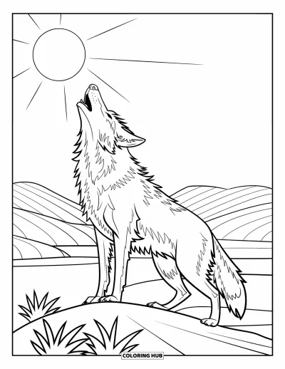 Coloriage d'Arizona pour enfants : Un coyote hurlant se cambre sous le ciel lumineux du désert