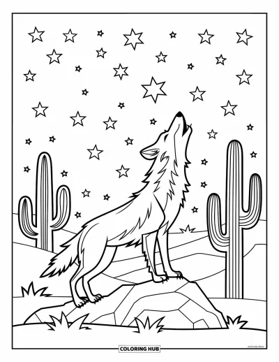 Coloriage d'Arizona pour enfants : Un coyote hurlant se tient sur un rocher sous la nuit étoilée