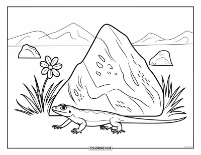 Coloriage d'Arizona pour enfants : Un lézard rampe près d'un rocher avec une fleur à côté