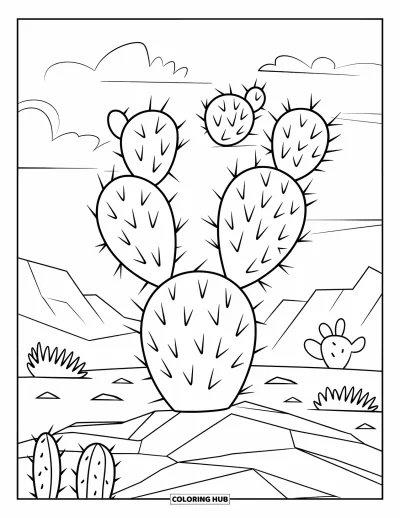 Coloriage d'Arizona pour enfants : Un figuier de Barbarie pousse parmi des rochers et des nuages
