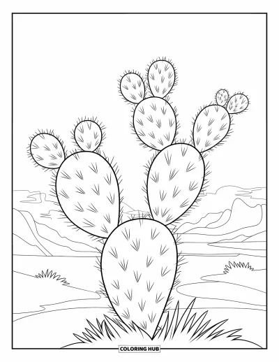 Coloriage d'Arizona pour enfants : Un figuier de Barbarie aux trois grandes palettes se dresse fièrement