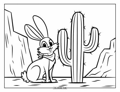 Coloriage d'Arizona pour enfants : Un lapin avec un bandana assis près d'un cactus