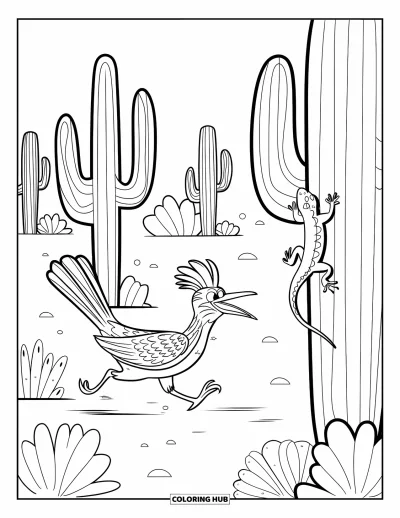 Coloriage d'Arizona pour enfants : Un roadrunner poursuit un lézard dans un désert rempli de cactus