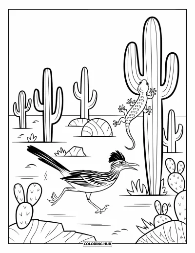 Coloriage d'Arizona pour enfants : Un roadrunner fonce tandis qu'un lézard grimpe sur un cactus voisin