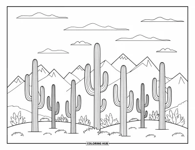 Coloriage d'Arizona pour enfants : Une forêt de saguaros avec des montagnes au loin et quelques nuages
