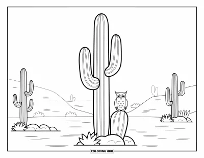 Coloriage d'Arizona pour enfants : Un grand saguaro avec un hibou niché dans un creux