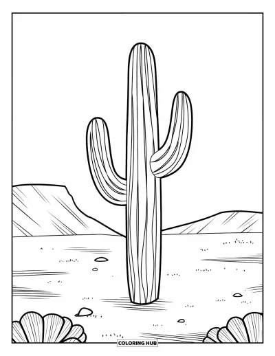 Coloriage d'Arizona pour enfants : Un grand saguaro à deux bras dans un désert plat