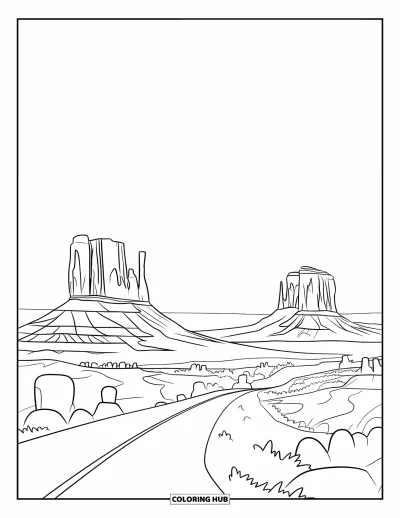 Coloriage d'Arizona pour enfants : Une route sinueuse traverse les hauts pitons de Monument Valley